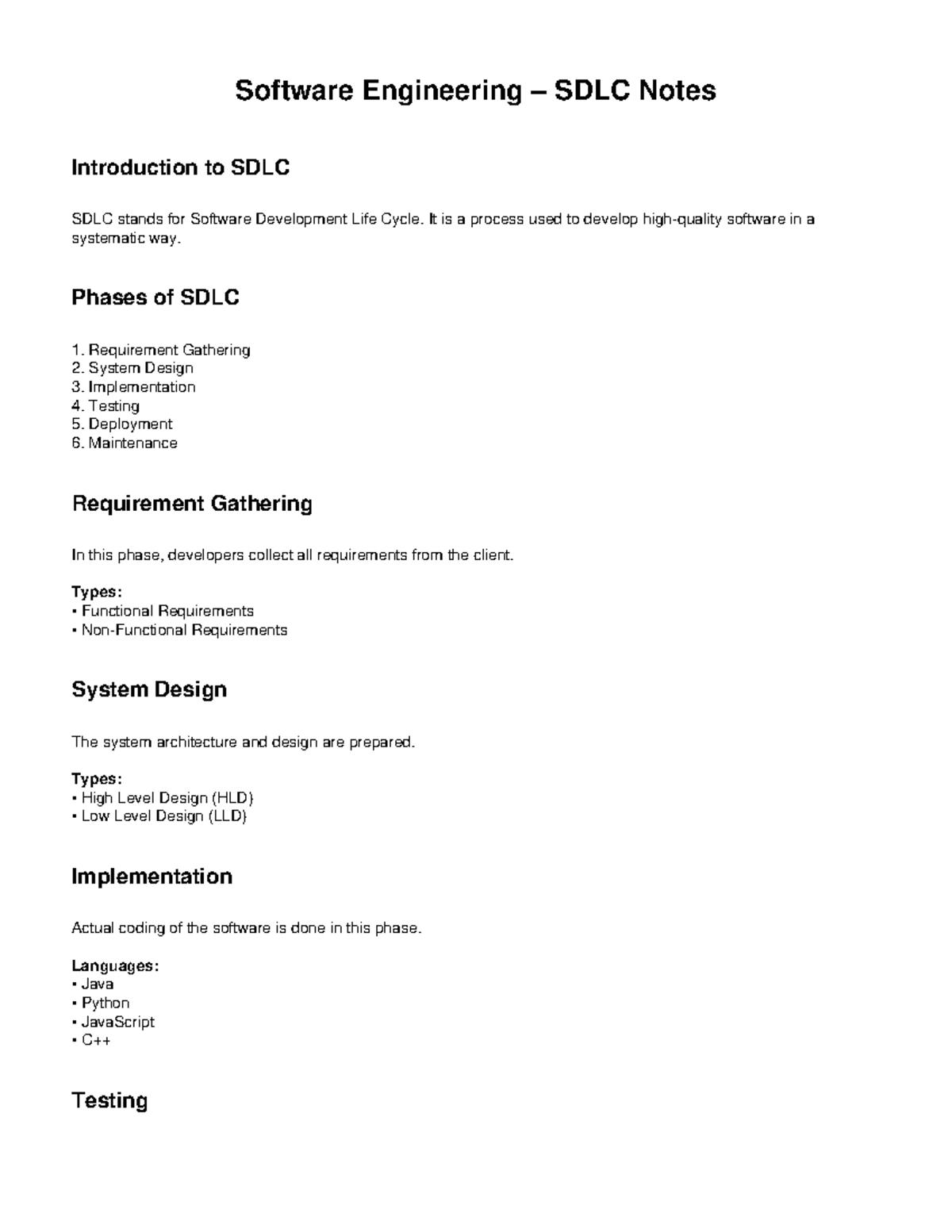 SDLC Notes - Software Development Life Cycle Overview - SACACCC - Studocu