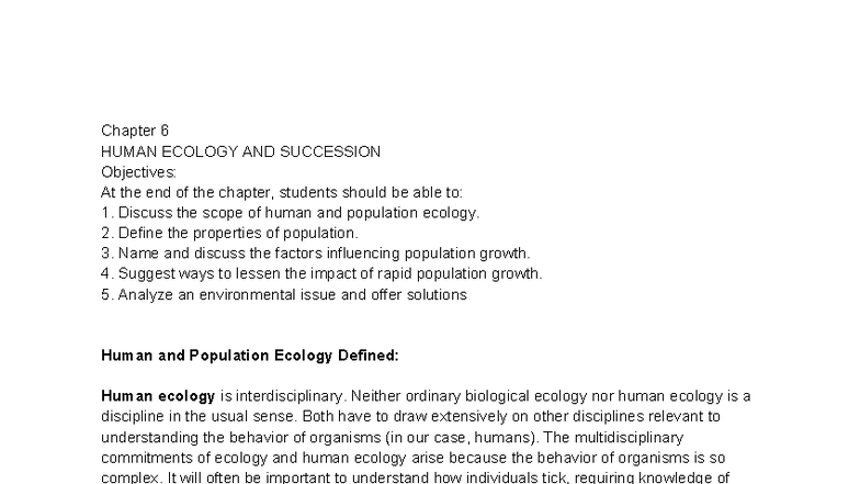 Chapter 6: Human Ecology and Succession in Environmental Science - Studocu