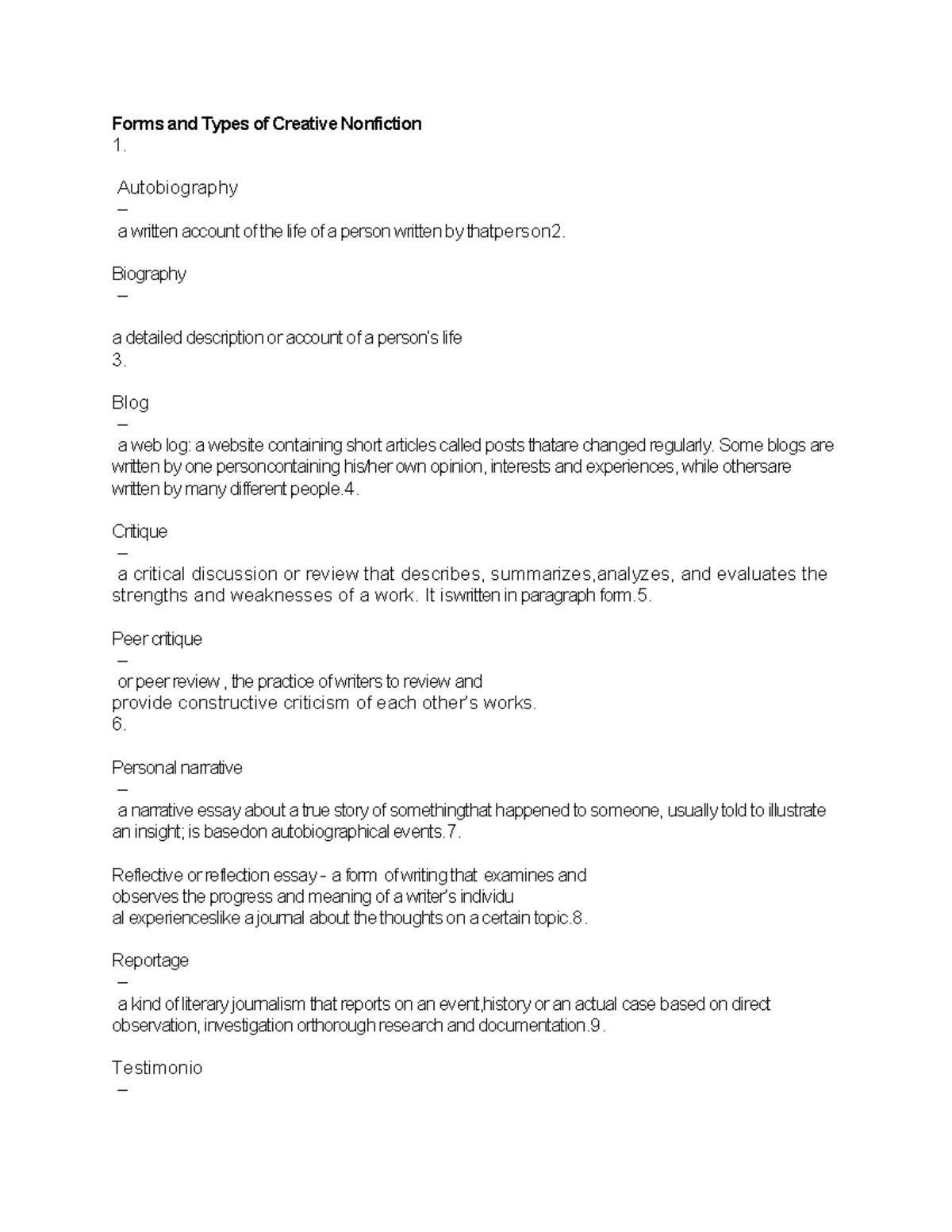 Forms and Types of Creative Nonfiction: A Comprehensive Overview - Studocu