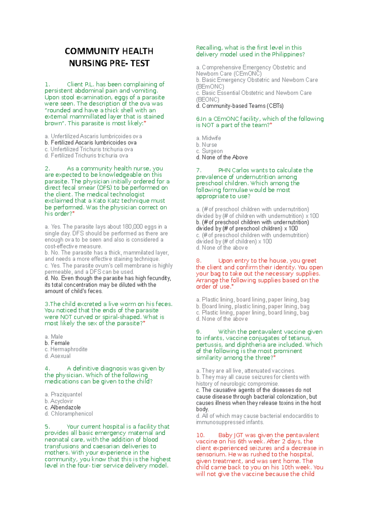 Community Health Nursing PRE TEST: Key Questions & Answers - Studocu