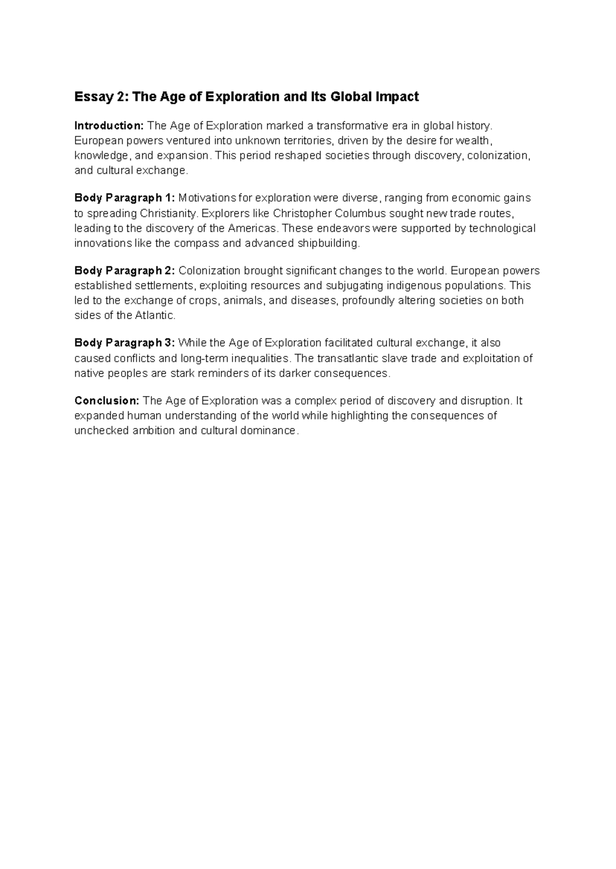 Essay 2: The Age of Exploration & Its Global Impact Analysis - Studocu