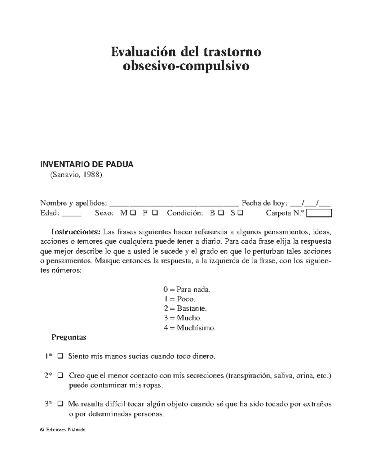 Inventario de Padua para Evaluación del Trastorno Obsesivo-Compulsivo ...