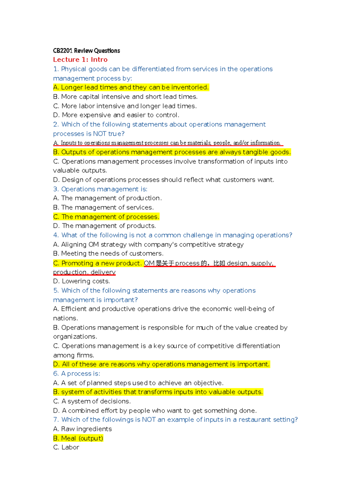 CB2201 Review Questions: Operations Management Concepts and ...
