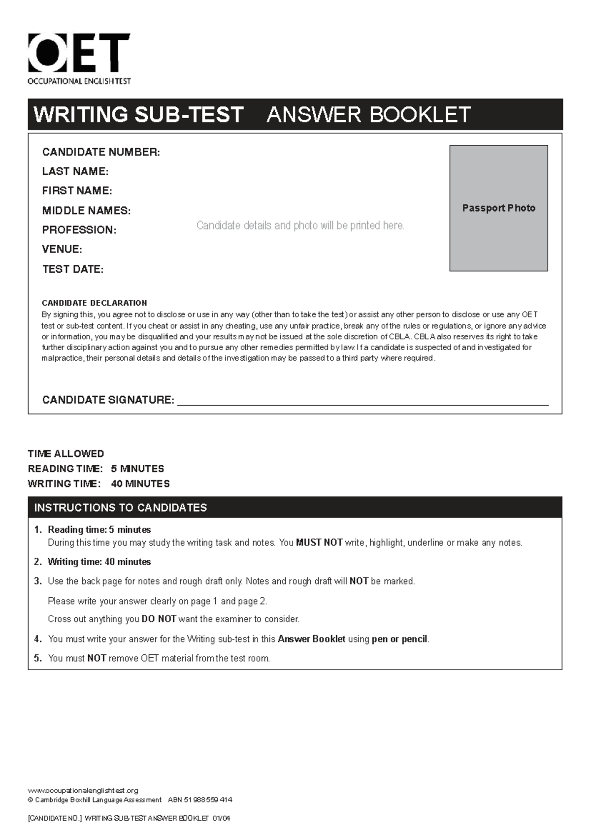 OET Writing Answer Booklet: Candidate Instructions & Guidelines - Studocu