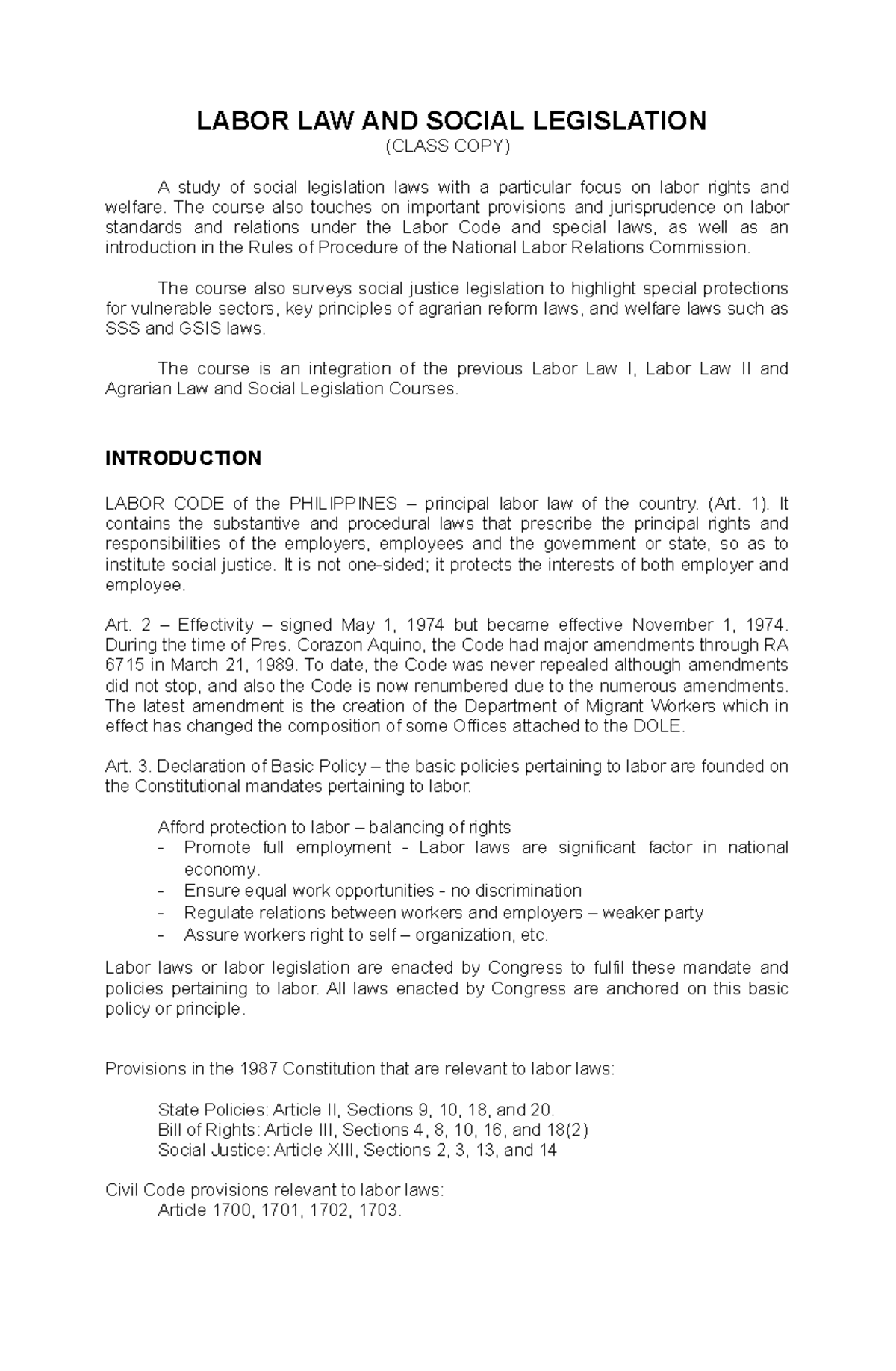 Labor Law and Social Legislation (Class Copy) Overview and Key ...