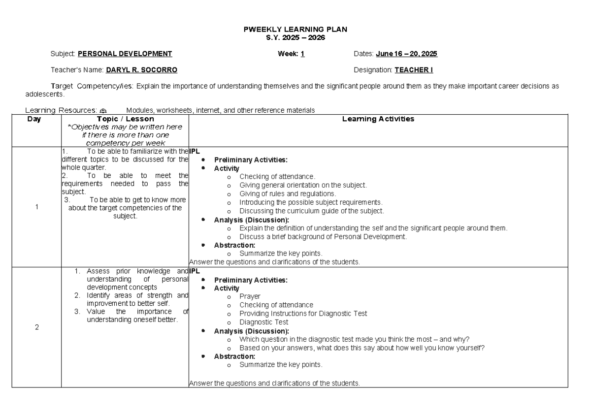 Q1 W1 - Weekly Learning Plan for Personal Development (SY 2025-2026 ...