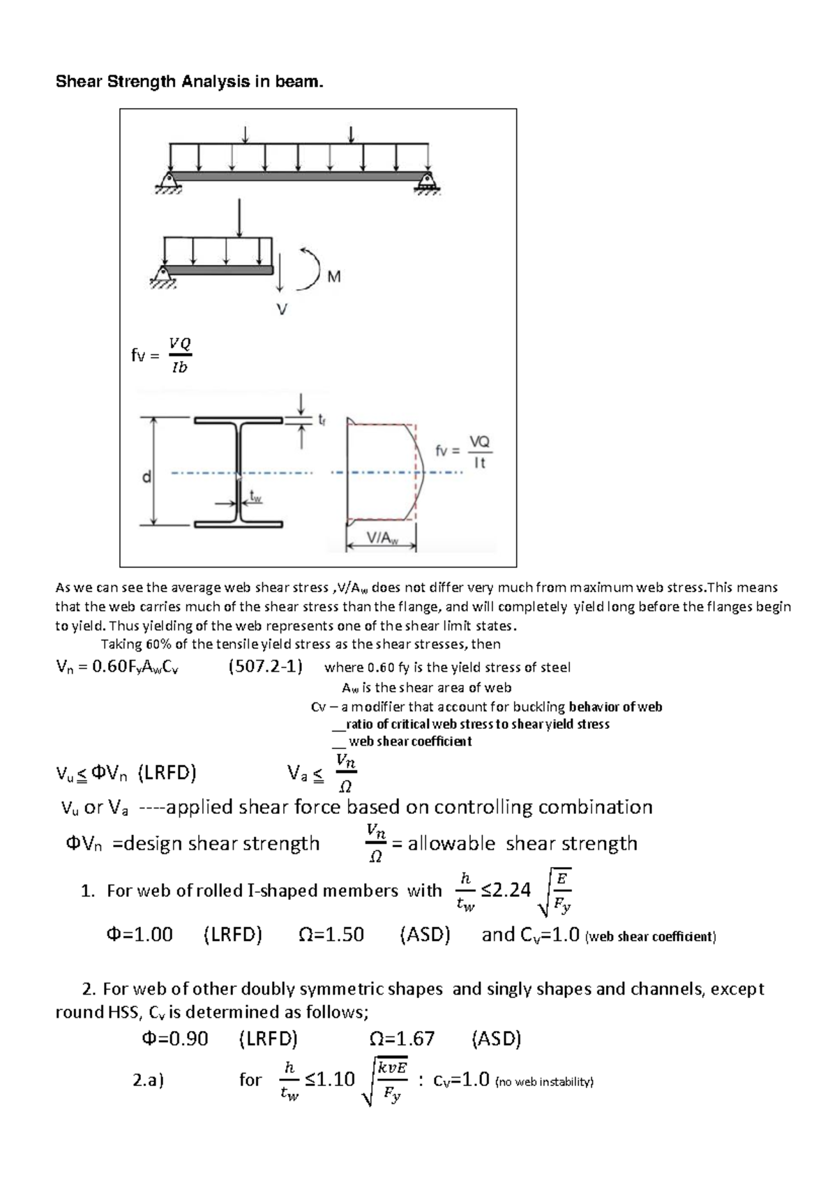 Shear Strength Analysis in Beam: Notes for Course FV 𝑉𝑄 𝐼𝑏 - Studocu