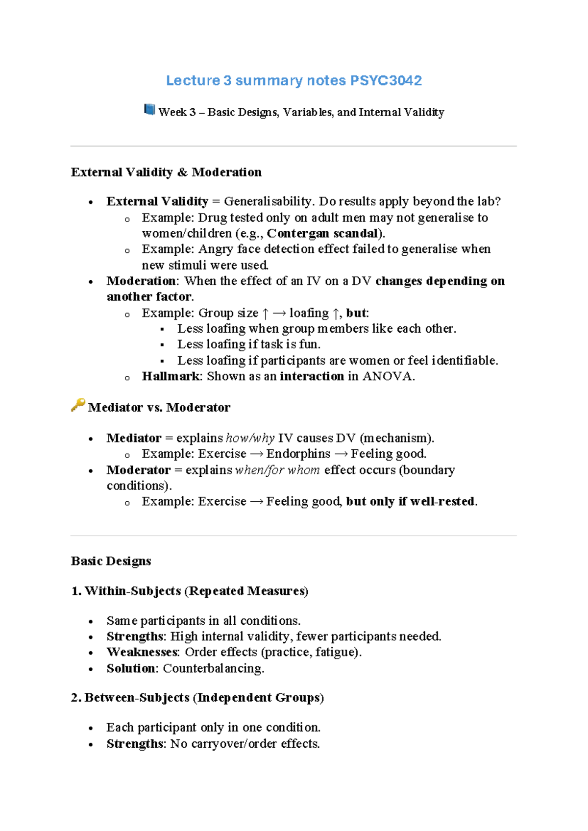 Lecture 3 Summary: Basic Designs & Validity in PSYC3042 - Studocu