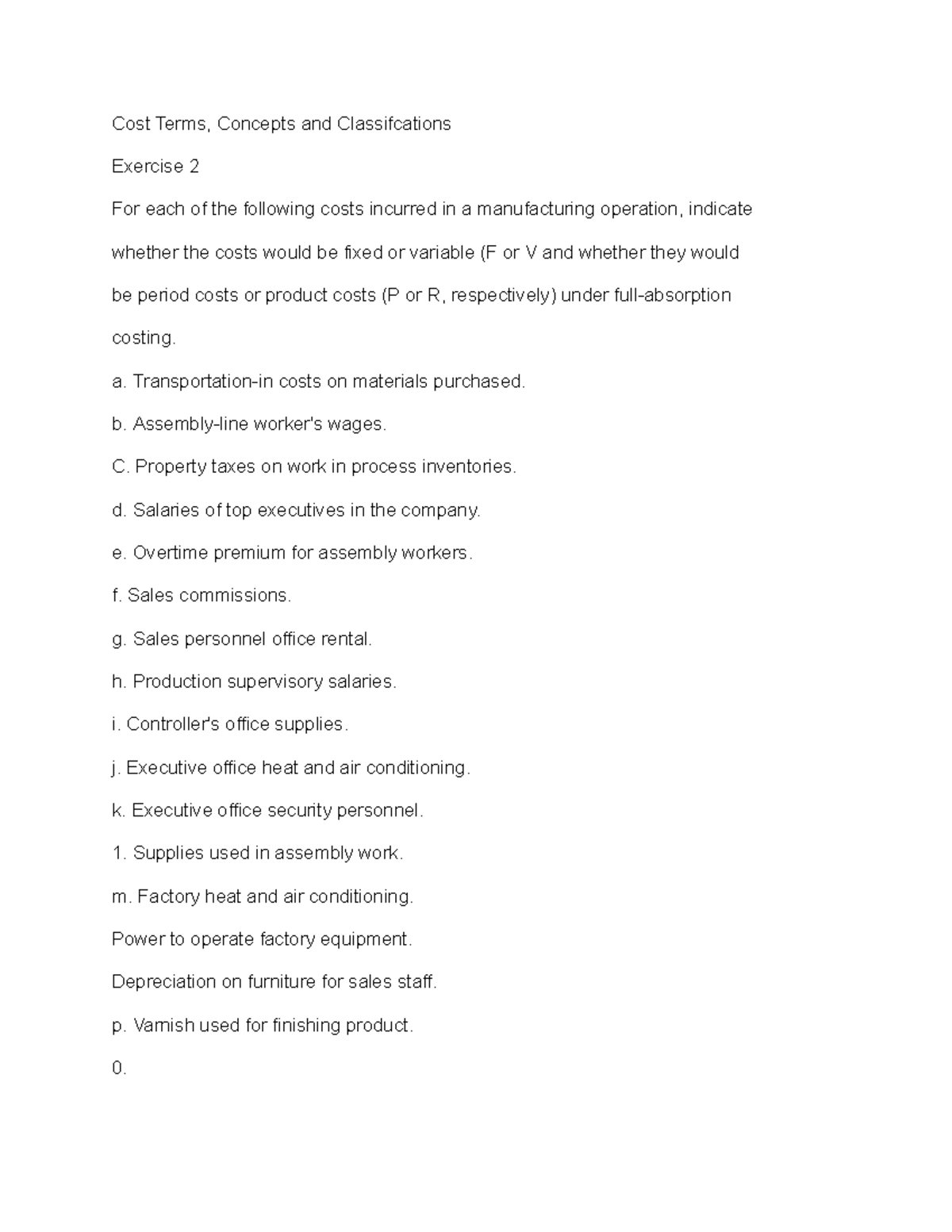 Cost Classification Exercise: Fixed vs Variable Costs Analysis - Studocu