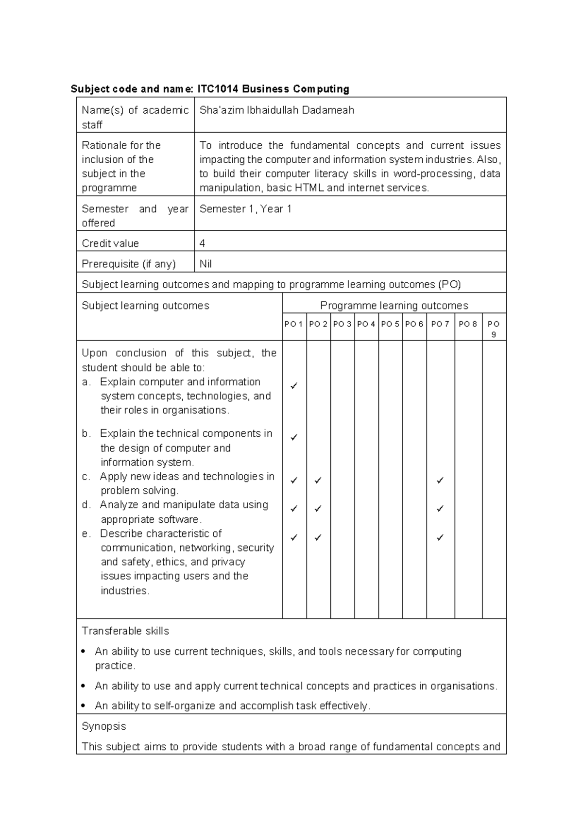 ITC1014 Business Computing Course Overview and Learning Outcomes - Studocu