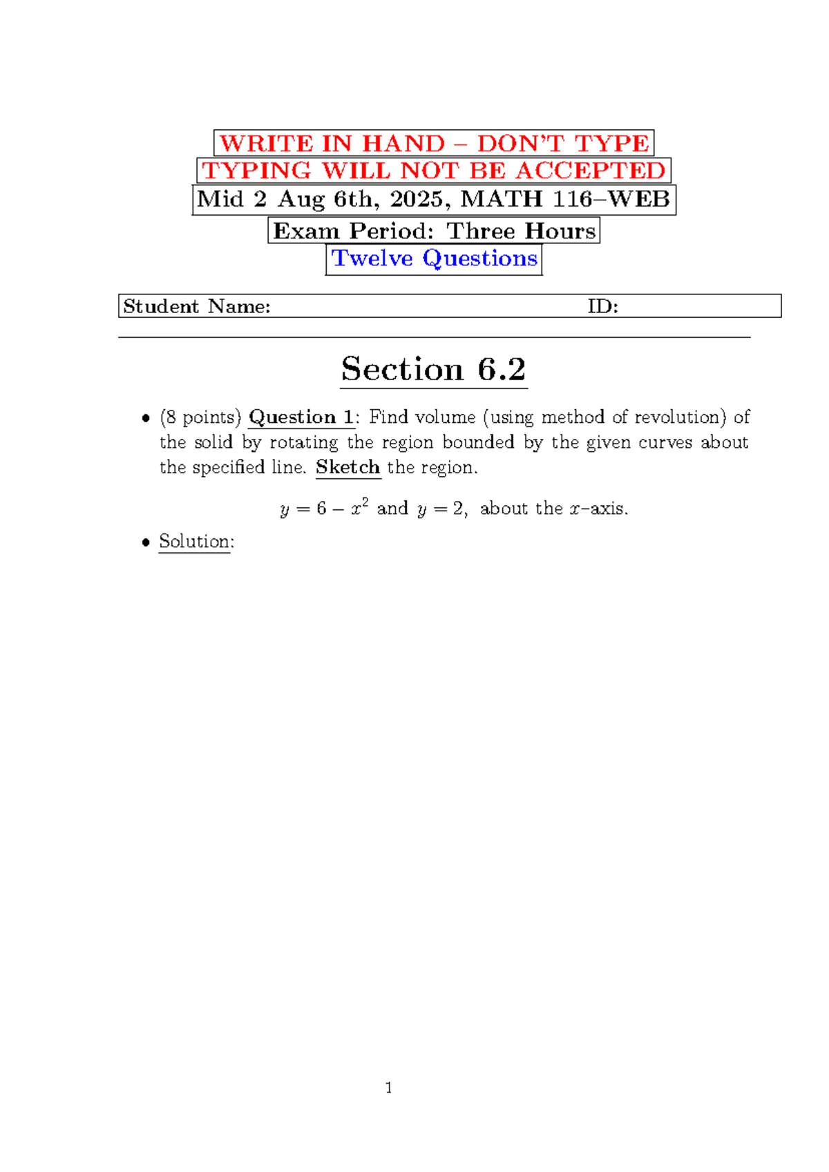 Midterm Exam Solutions for MATH 116: Volume & Integration Problems ...