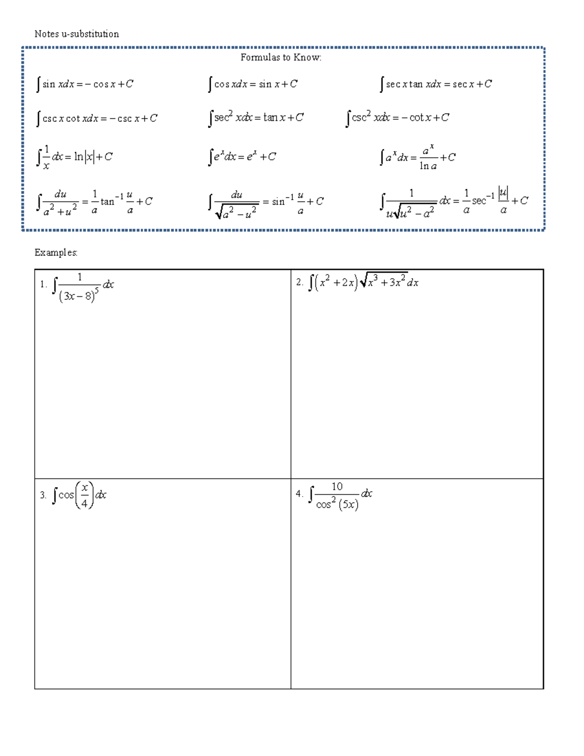 U-Substitution Notes: Key Formulas and Examples - Studocu