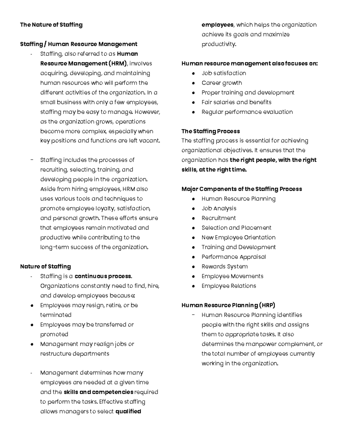 The Nature of Staffing in HRM: Lecture Notes for HRM 101 - Studocu