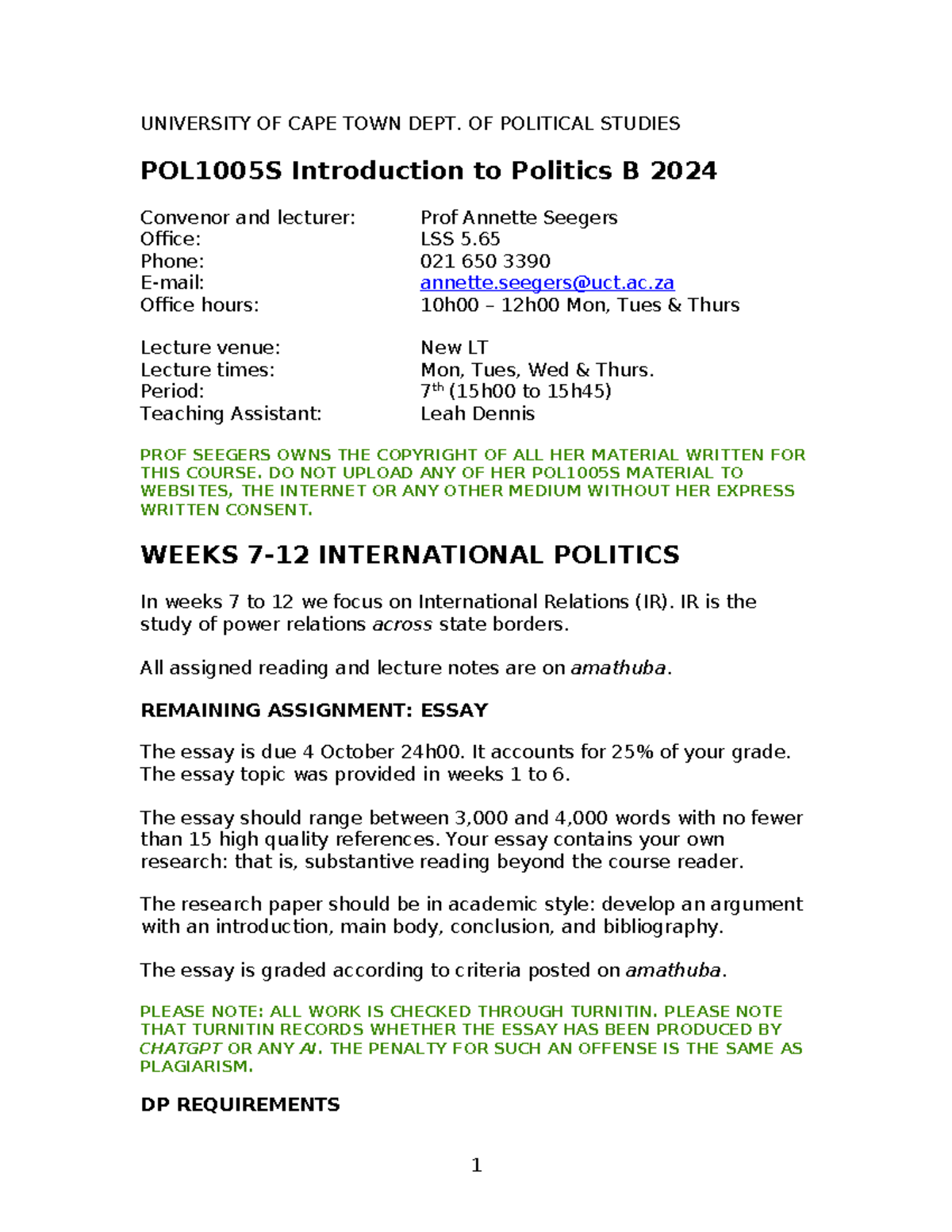 POL1005S Course Outline: Introduction to Politics B & International ...