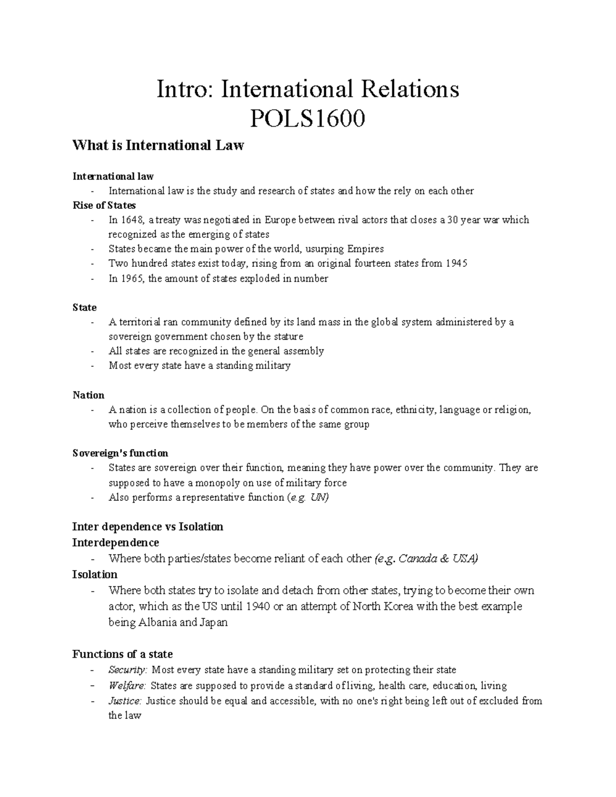 International Relations Overview: POLS1600 Course Notes - Studocu