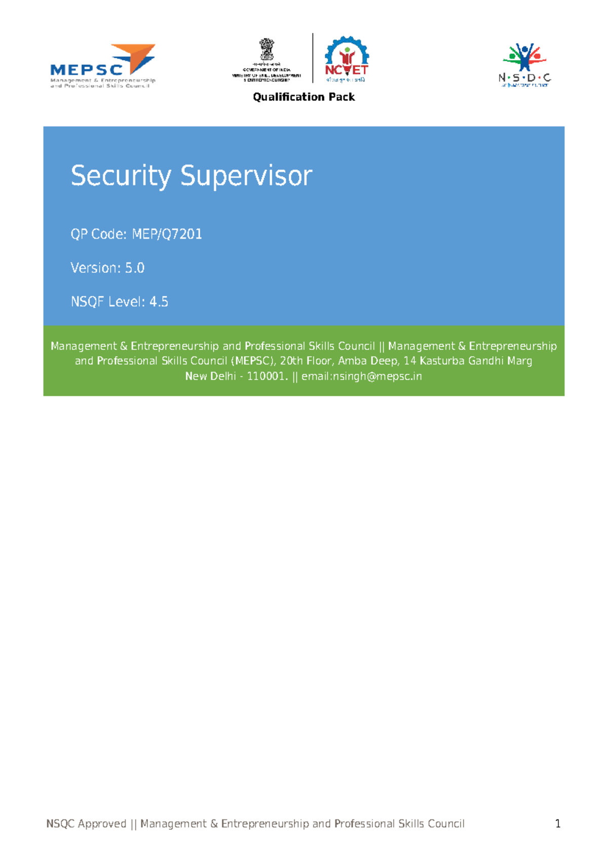 Qualification Pack for Security Supervisor (QP Code: MEP Q7201, Version ...