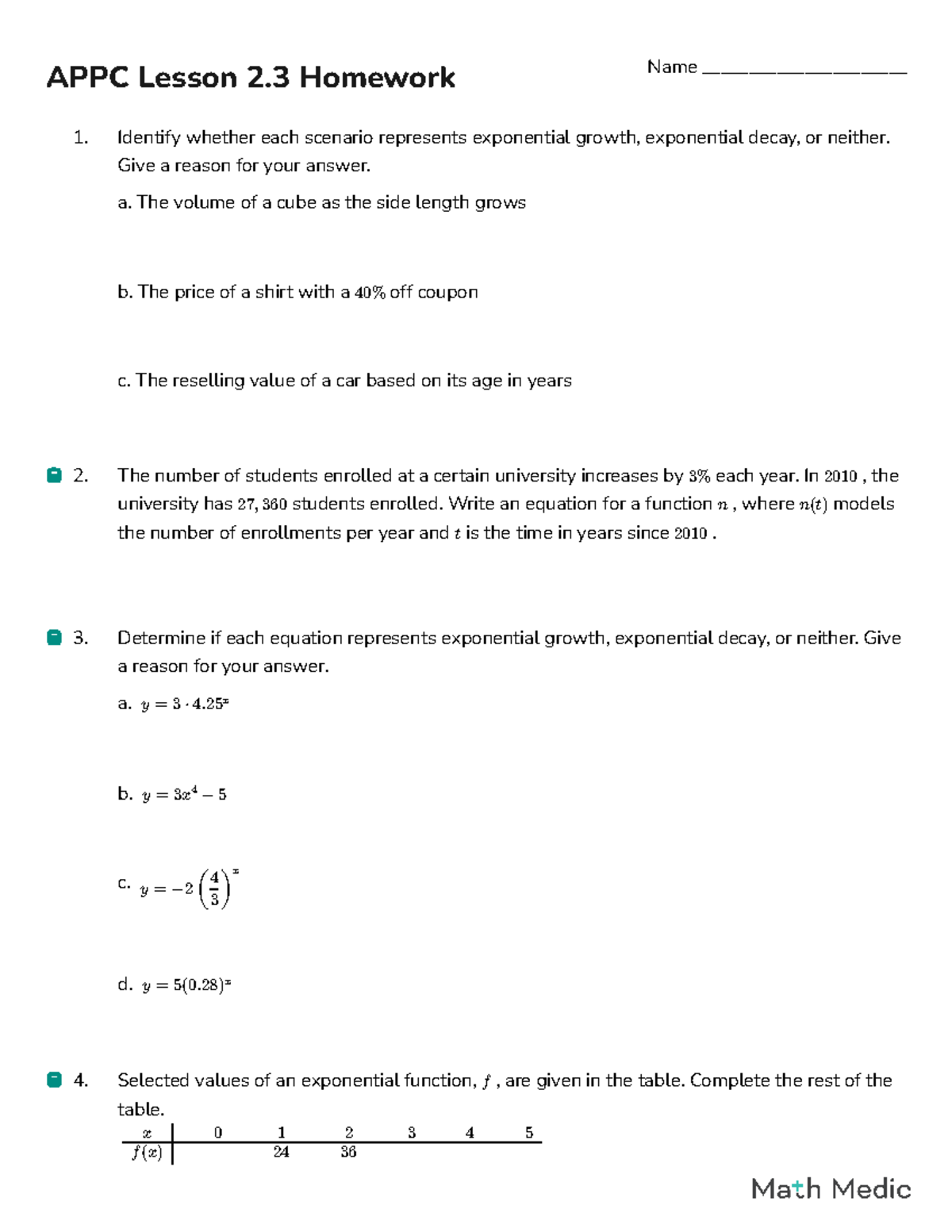 APPC 2 - Lesson 2 Homework on Exponential Functions and Scenarios - Studocu