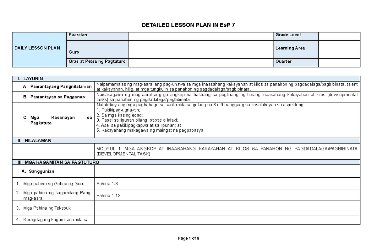 Detalyadong Lesson Plan para sa EsP 7: Pagpapaunlad ng Kakayahan at ...