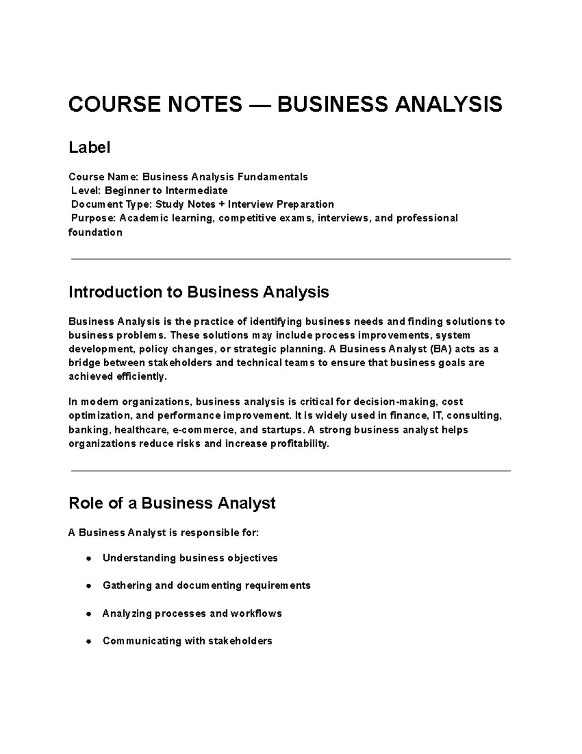 BUSINESS ANALYSIS STUDY NOTES: A BEGINNER'S GUIDE - Studocu