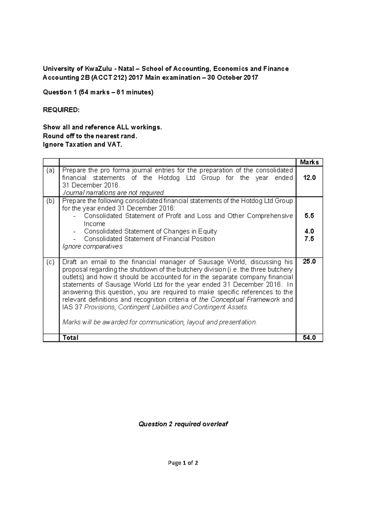 Final Acct212 Exam required 2017 - Page 1 of 2 University of KwaZulu ...