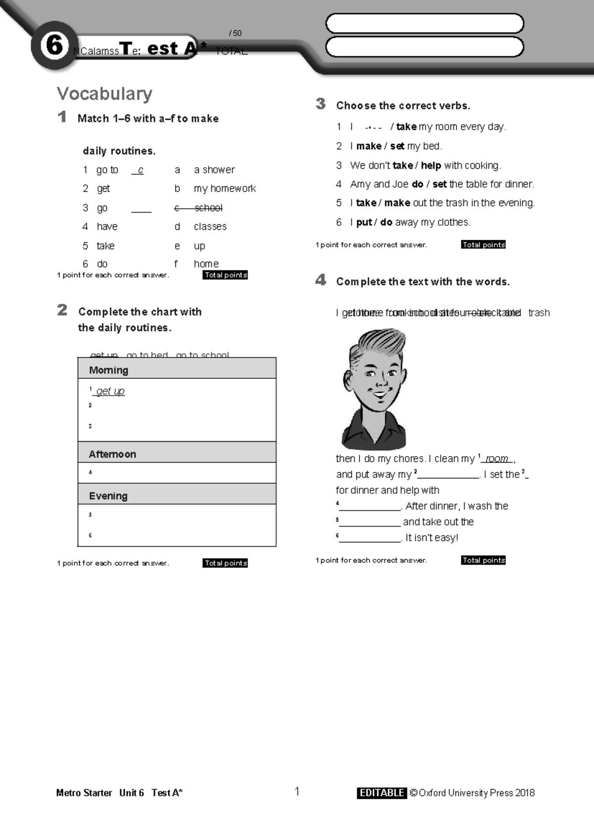 Metro Starter Unit 6 Test: Vocabulary and Grammar Exercises - Studocu