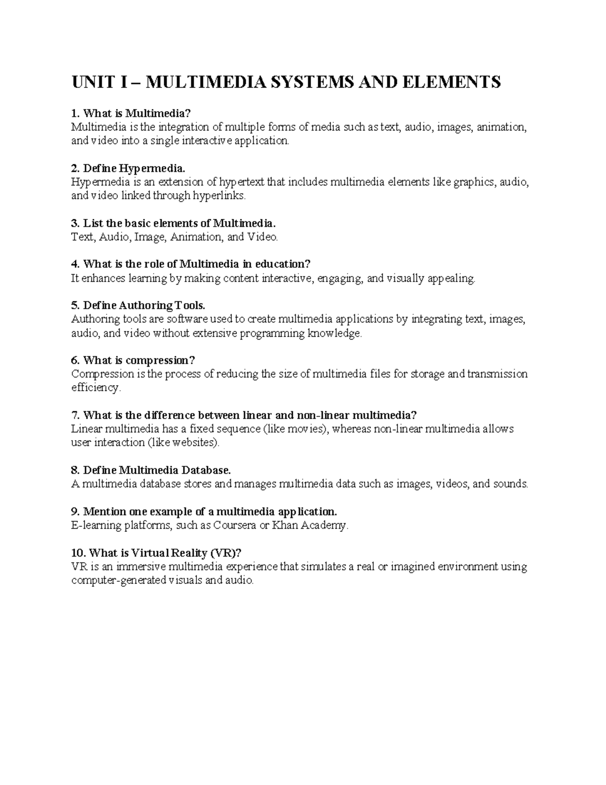 UNIT I-V MULTIMEDIA SYSTEMS: CONCEPTS & APPLICATIONS 2 MARKS - Studocu