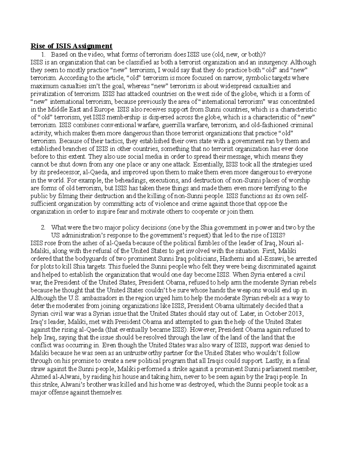 Rise of ISIS Assignment - Rise of ISIS Assignment Based on the video ...