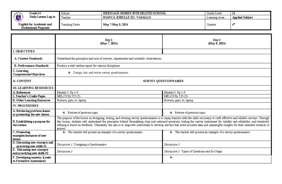 EAPP DLL May 7-8, 2024 - Daily Lesson Log Overview for Grade 11 - Studocu