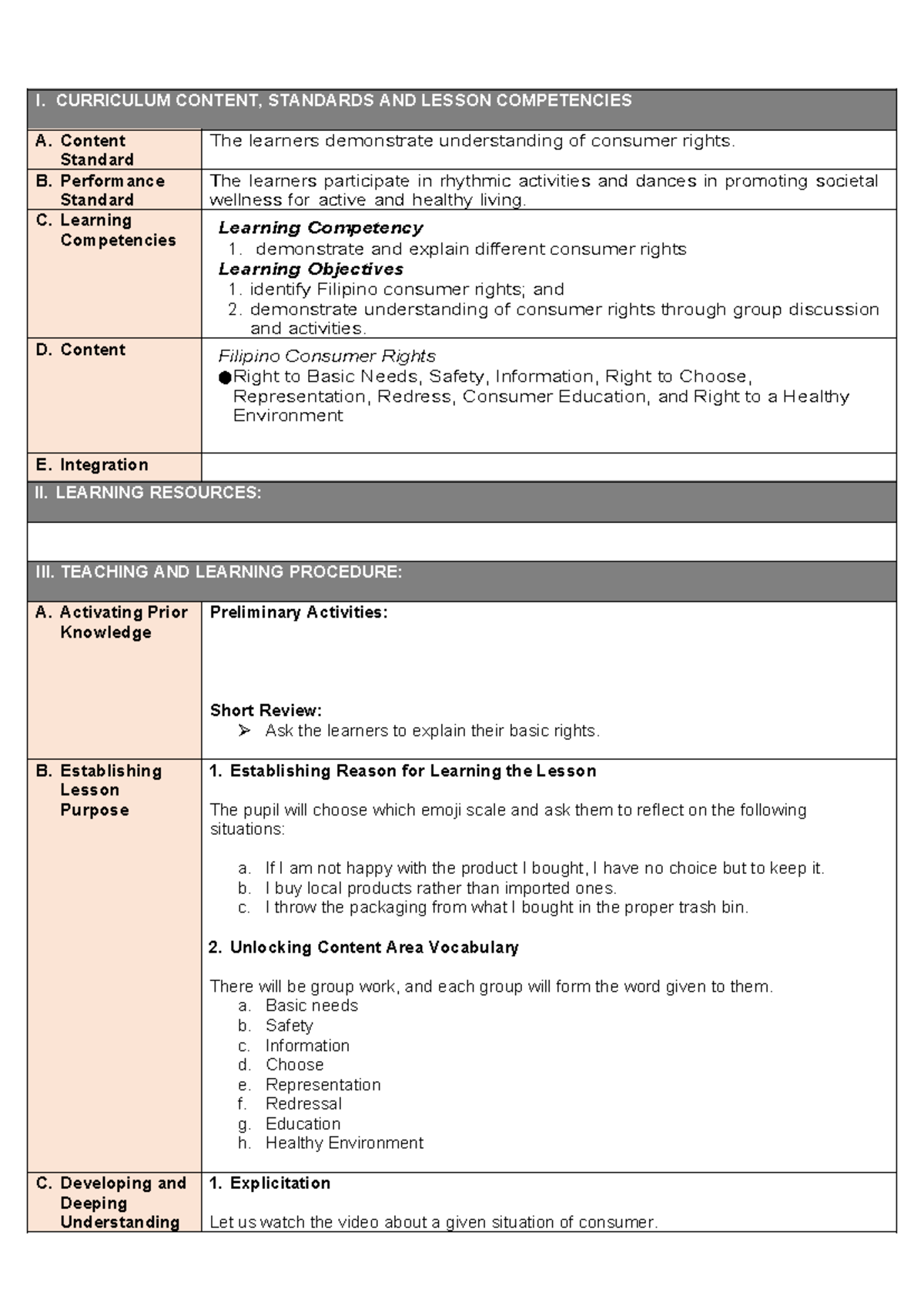 Lesson Plan PE & Health 4: Understanding Consumer Rights and ...