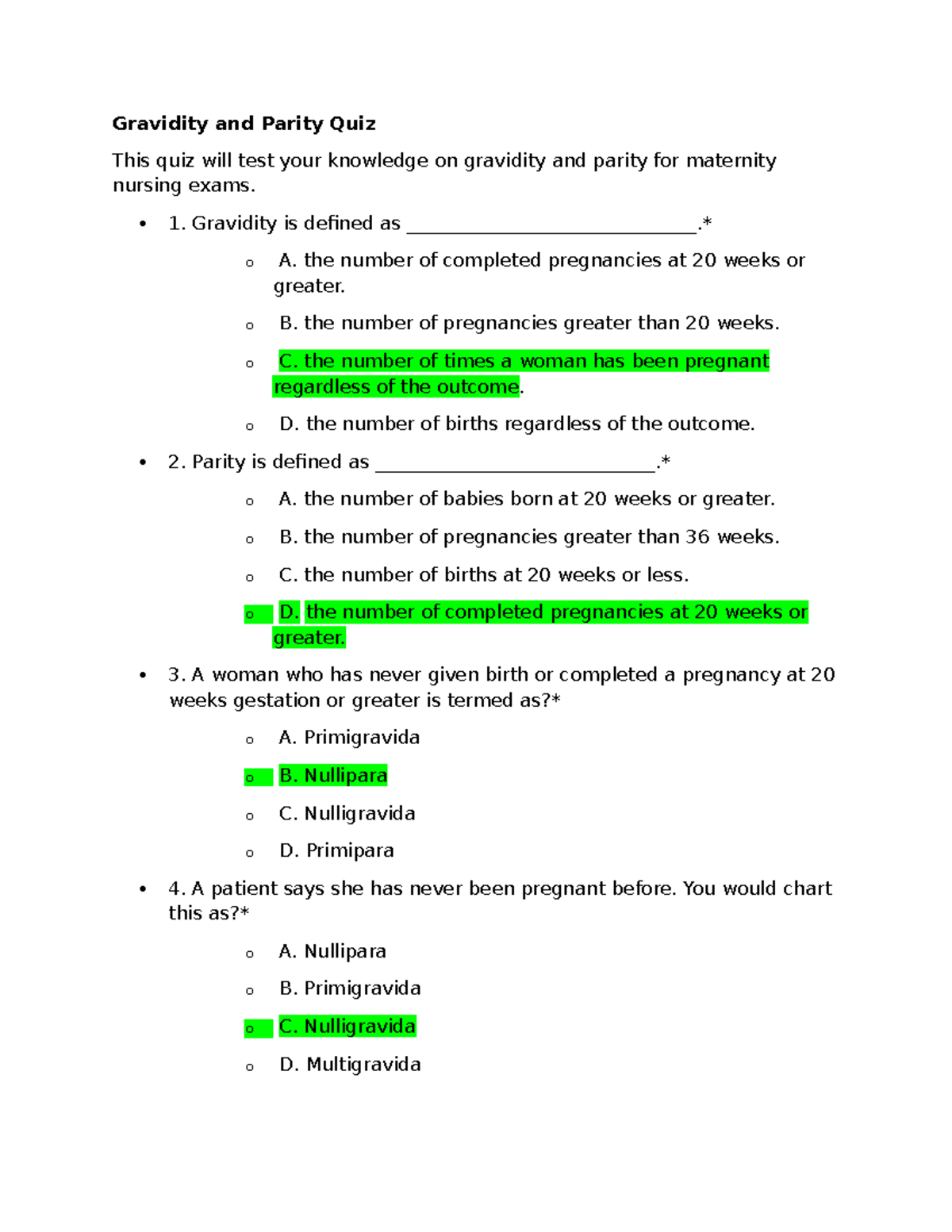 Gravidity and Parity Quiz for Maternity Nursing Exams - Studocu