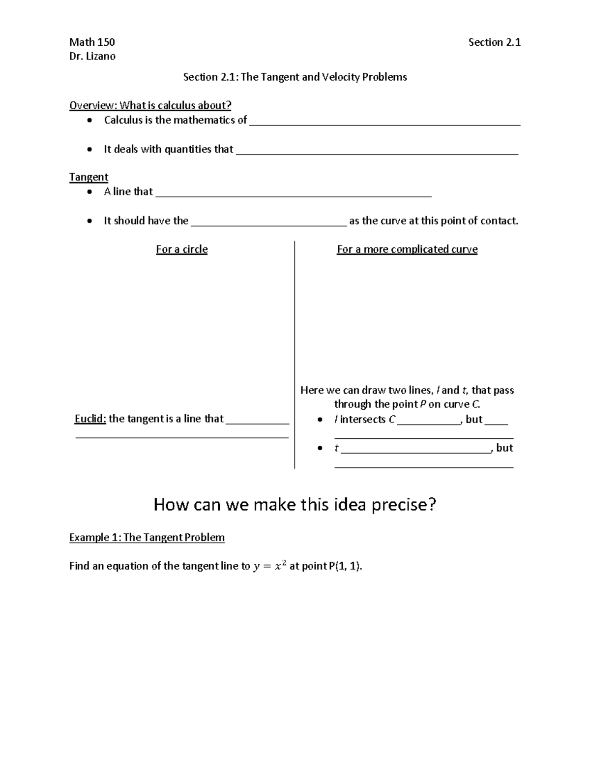 Math 150 Final Exam Notes: Section 2.1 - Tangent and Velocity Problems ...