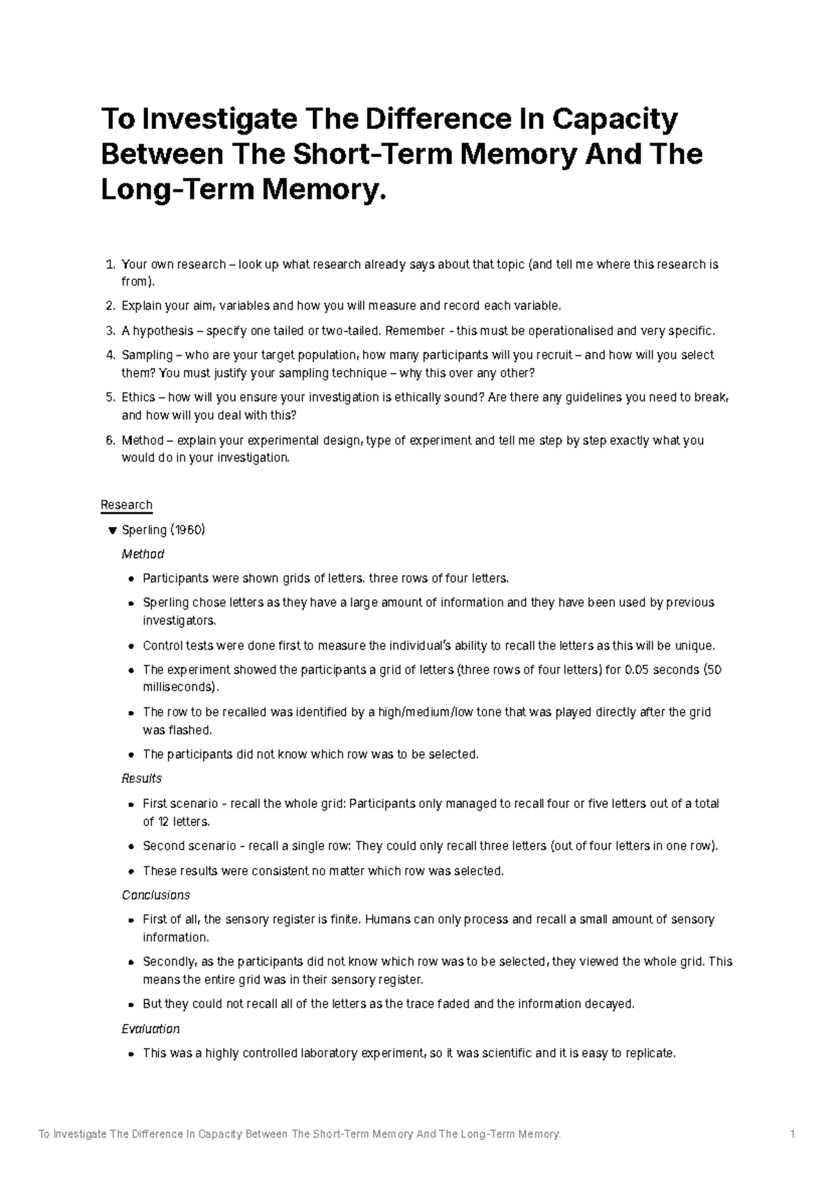 To Investigate The Difference In Capacity Between The Short-Term Memory ...