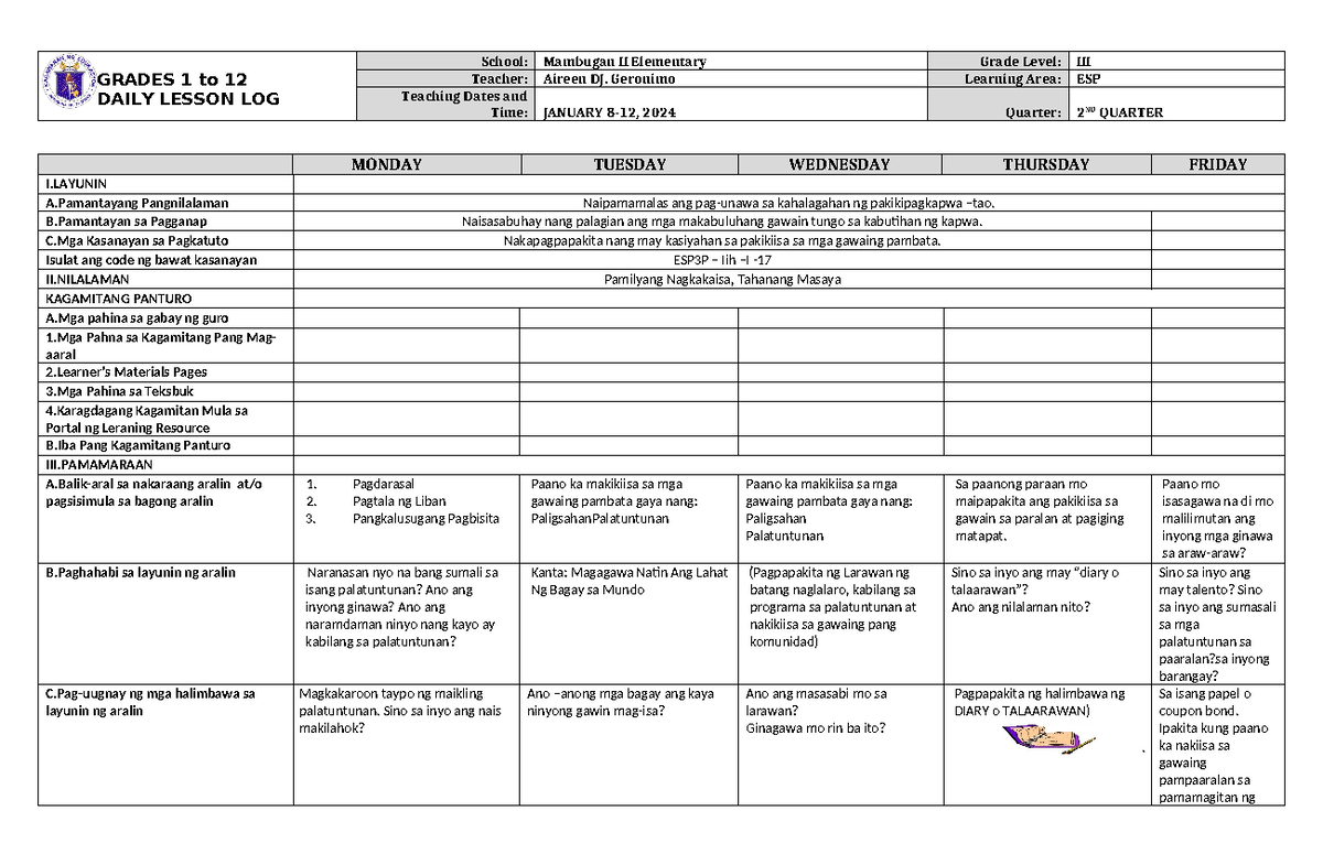 DLL ESP 3 Q2 W8: Daily Lesson Log for Grade 3, January 2024 - Studocu
