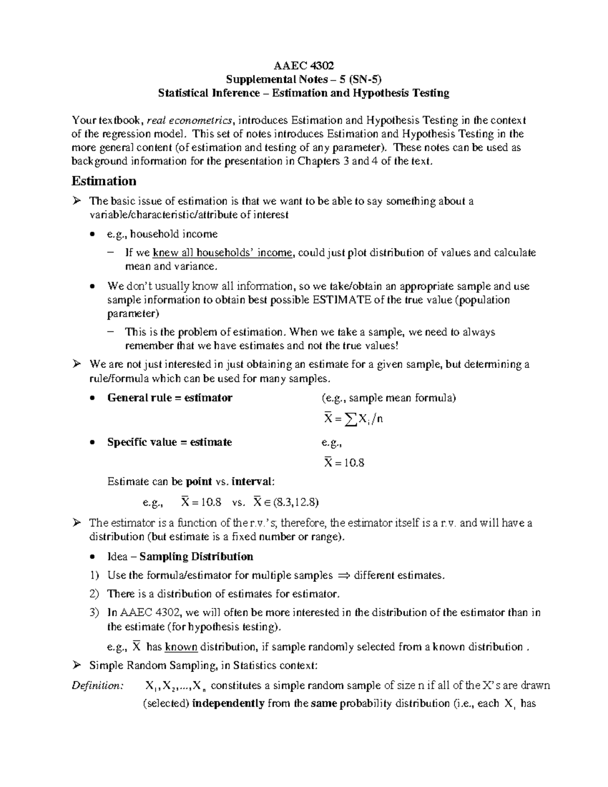 AAEC 4302 Supplemental Notes: Estimation & Hypothesis Testing Overview ...