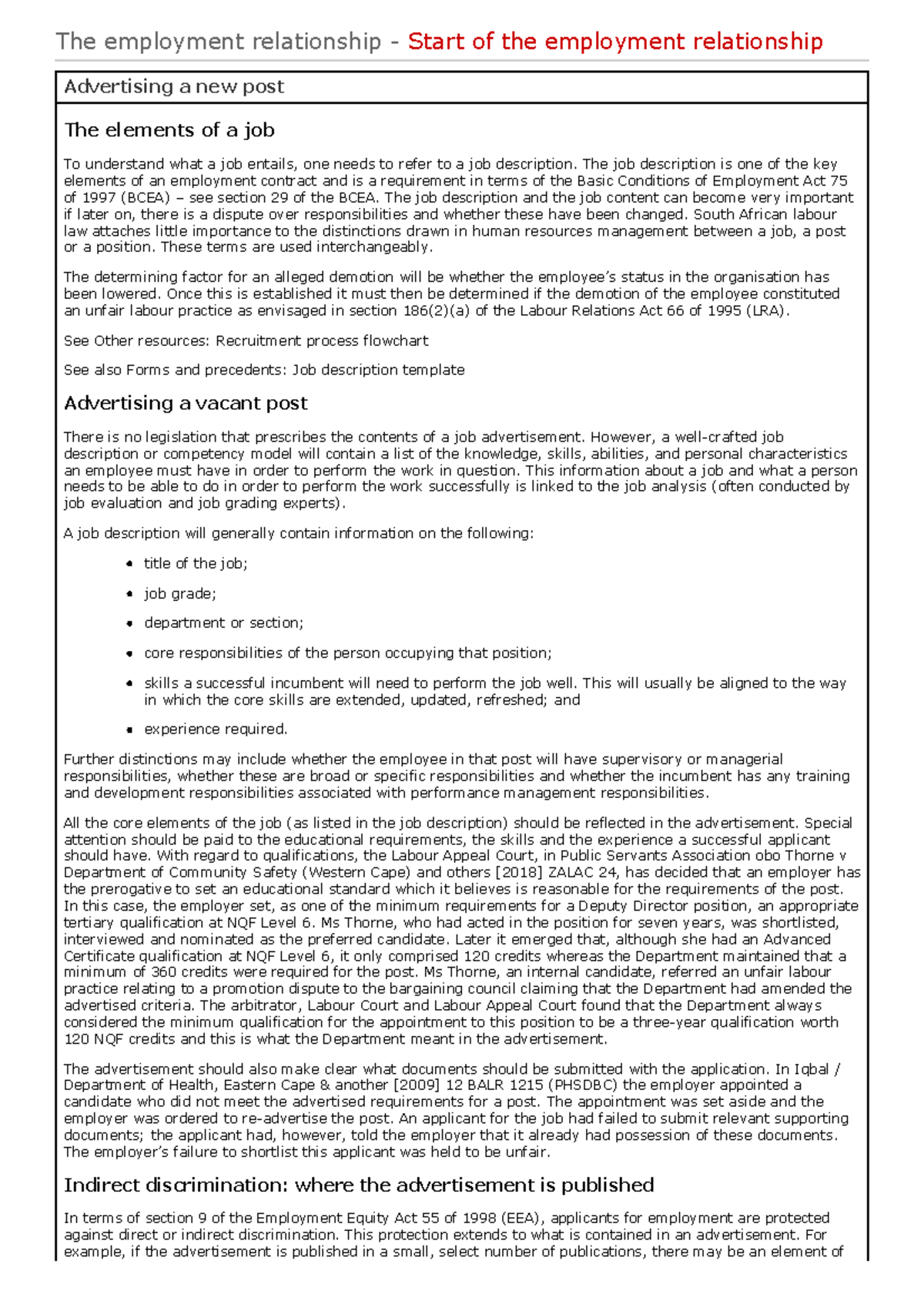 Labour Law 03 - Summary 3 - The employment relationship Start of the ...