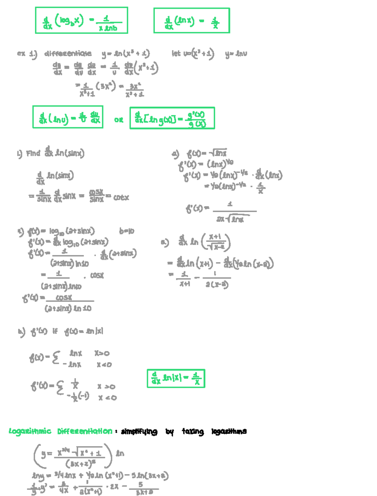 3.6 Derivatives of Logarithmic Functions - Fx log x 1 xenb Qnx I ex 1 ...