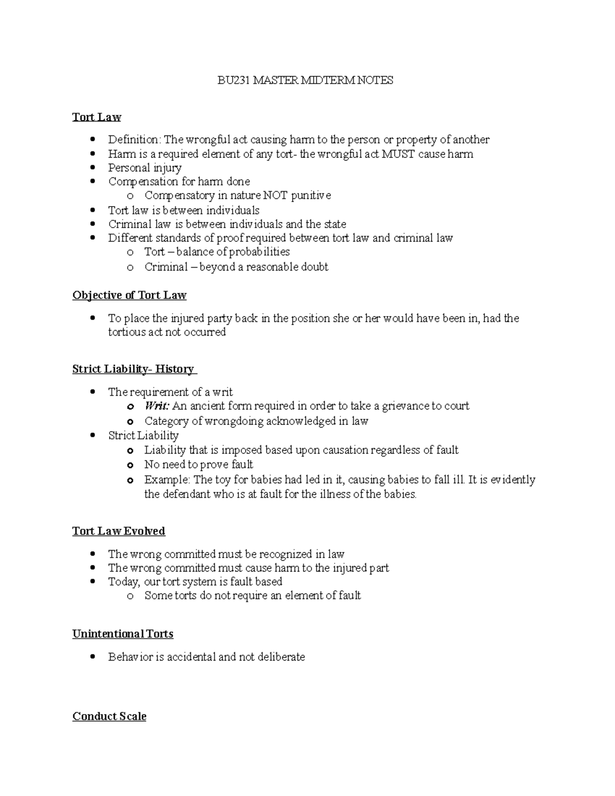 BU231 Master Midterm Notes on Tort Law and Negligence Principles - Studocu