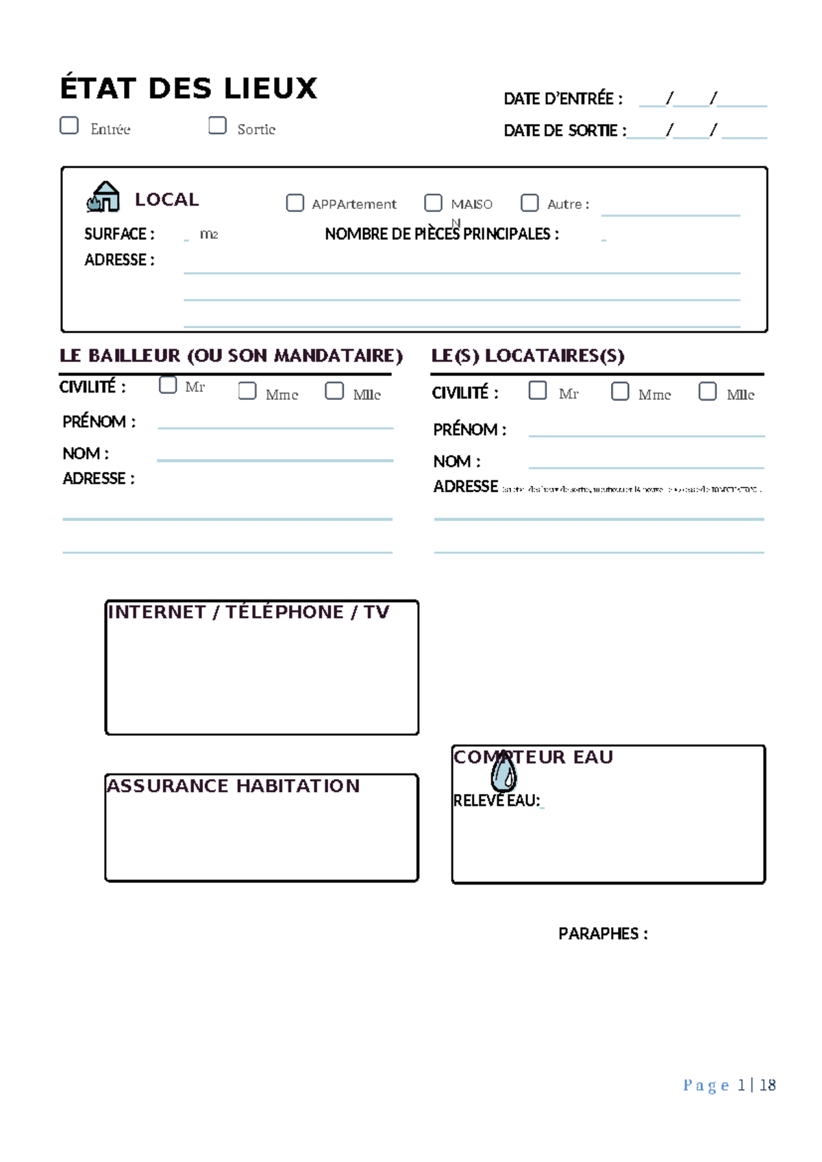 Fiche État des Lieux - Entrée/Sortie Appartement m² - Studocu