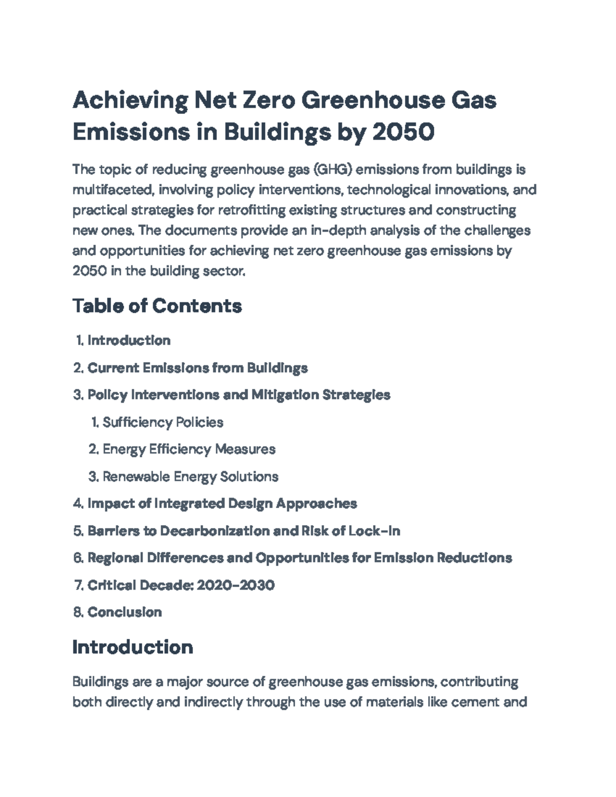 Achieving Net Zero GHG Emissions in Buildings by 2050: Strategies ...