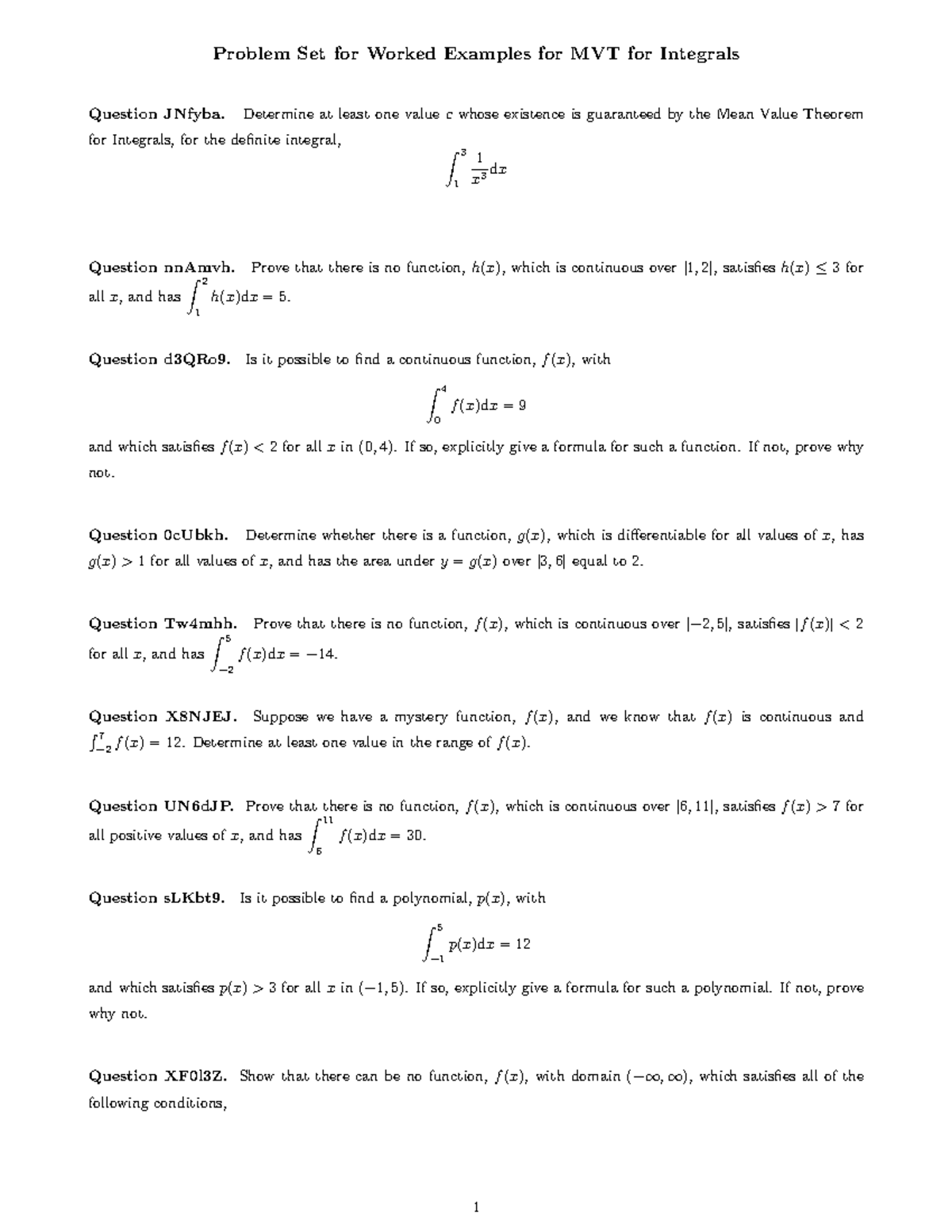 (Calculus 1501) Worked Examples for MVT for Integrals - Problem Set for ...