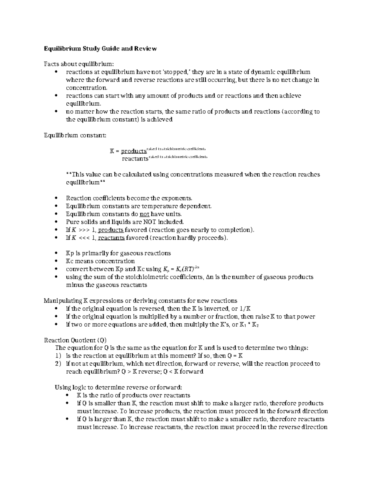 Equilibrium Study Guide & Review for Chem 101: Key Concepts and ...