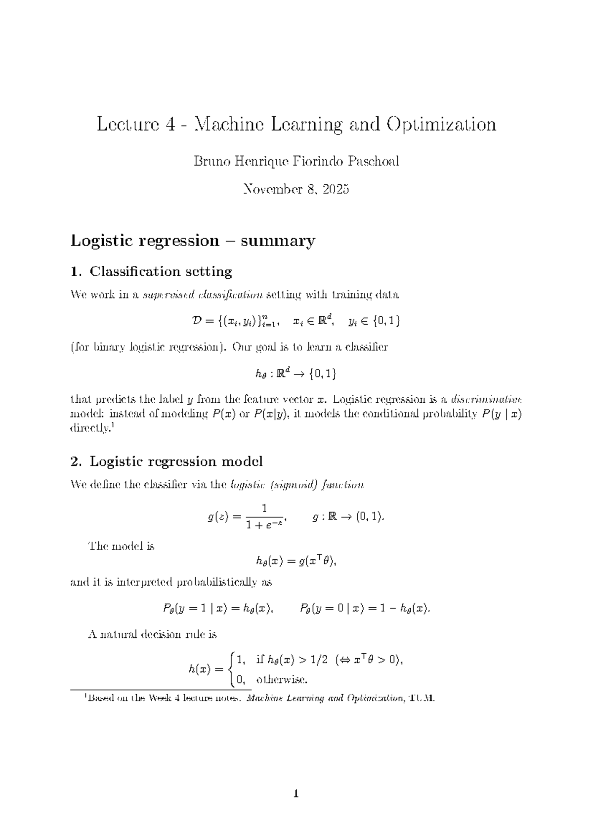 Lecture 4 - Machine Learning & Optimization Summary (TUM) - Studocu