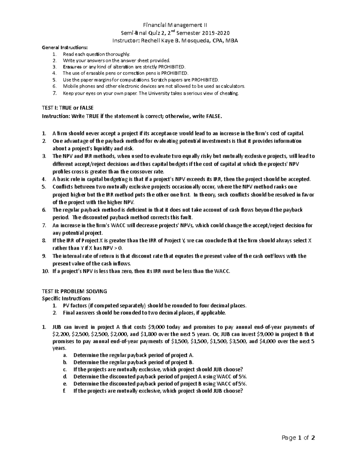 Exam 2020, questions and answers - Financial Management II Semi-final ...