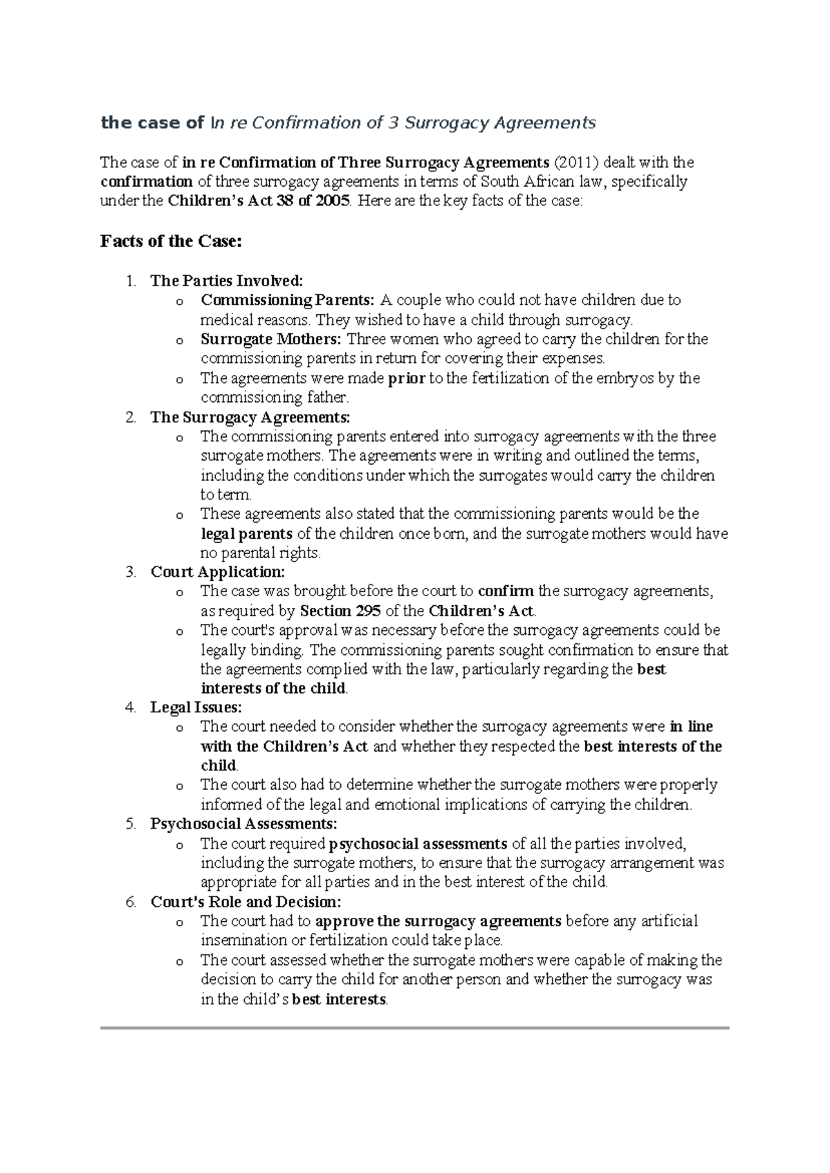 Family law case summaries - the case of In re Confirmation of 3 ...