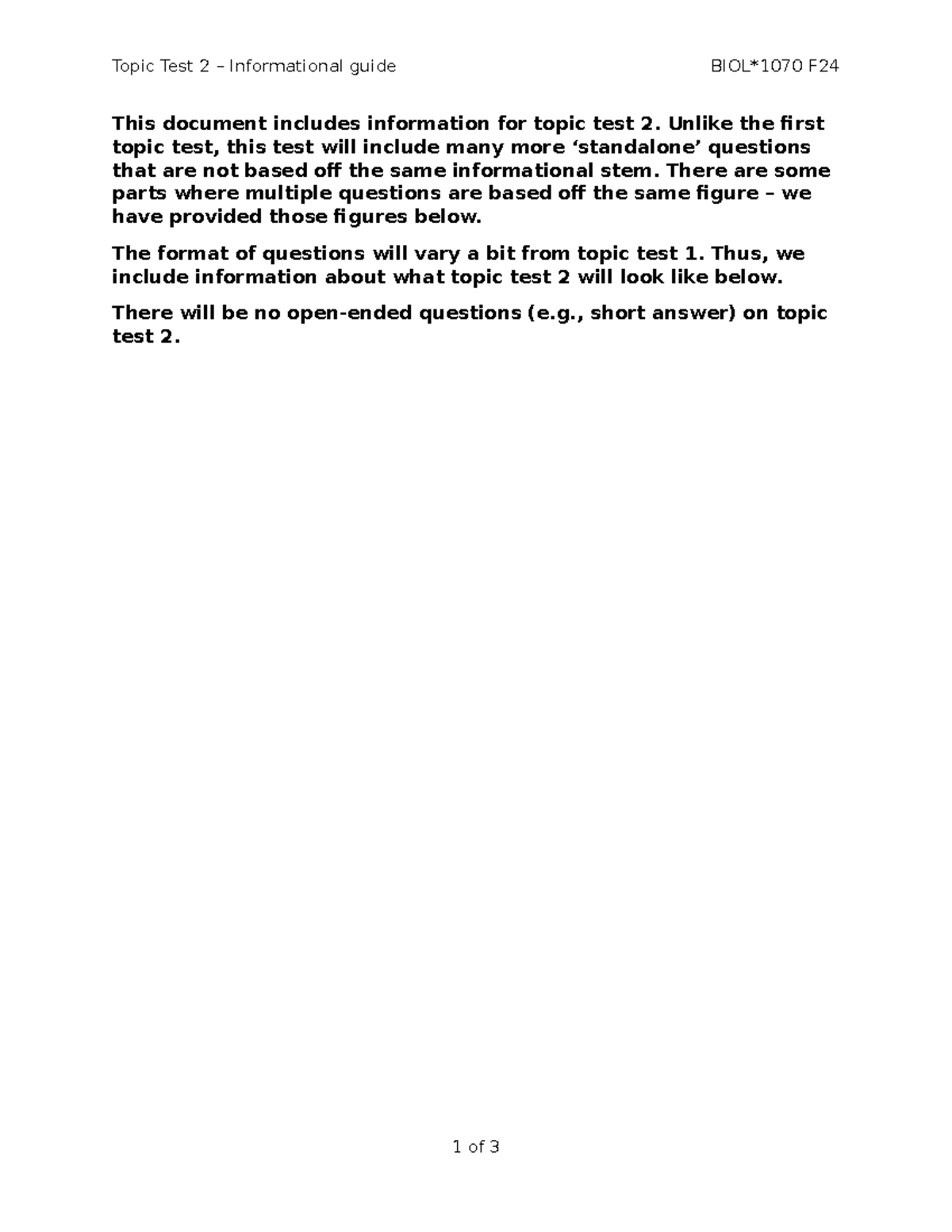 BIOL1070 - F24 - Topic Test 2 Overview and Guidelines - Studocu