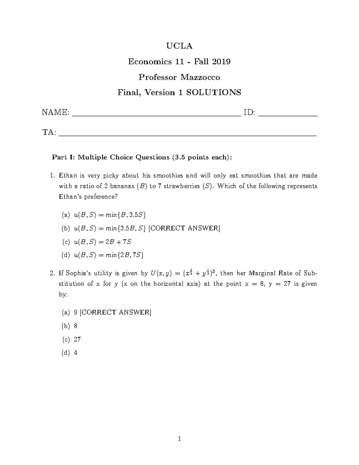 ECON 11 Final Exam Solutions - Fall 2019 - Studocu