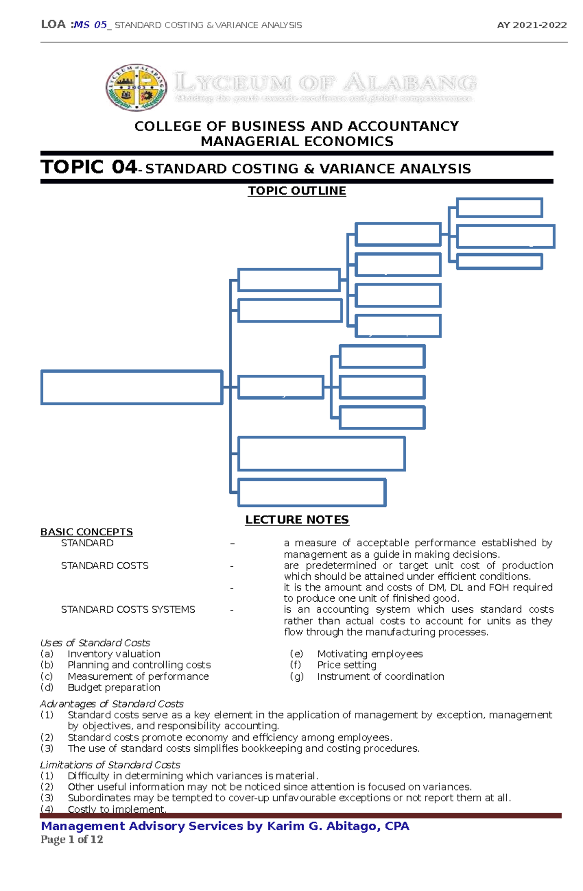 LOA: MS 05 - Standard Costing Variance Analysis Lecture Notes AY - Studocu