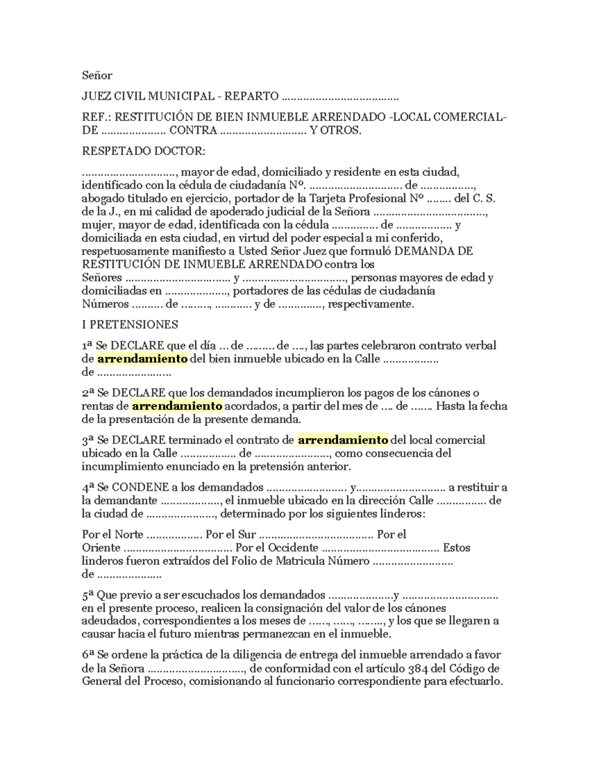 Demanda de Restitución de Inmueble Arrendado - Local Comercial - Studocu