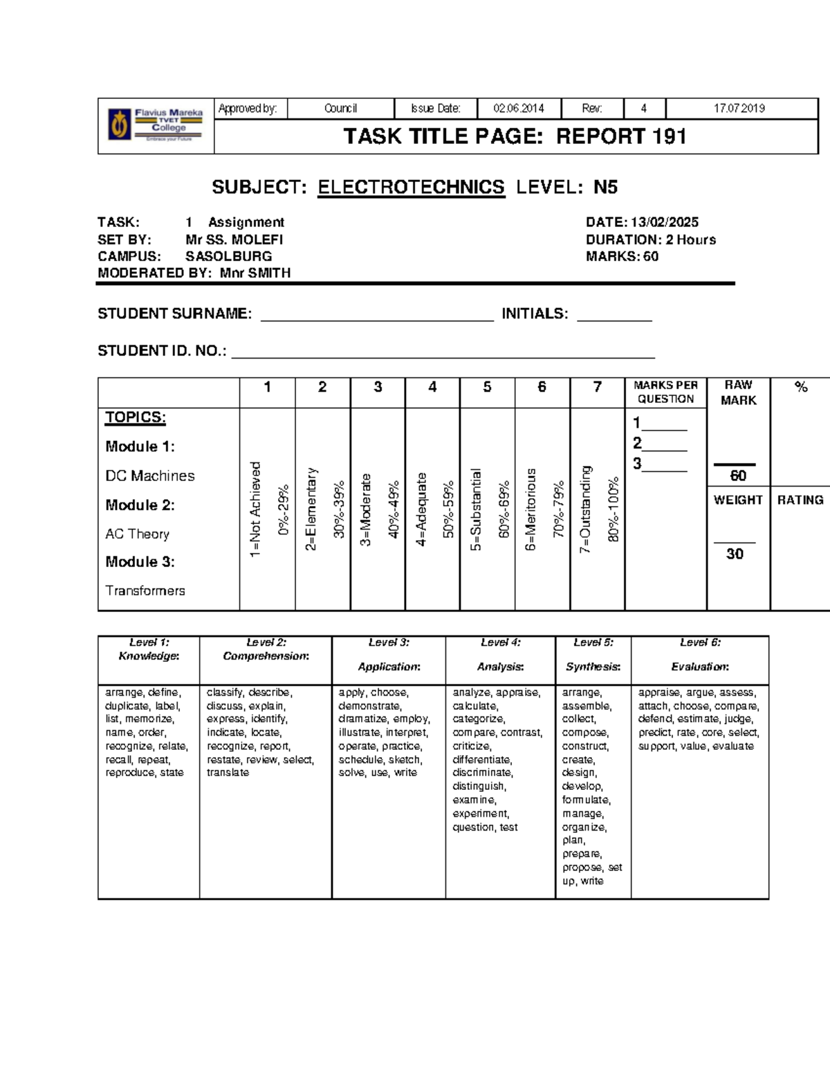 Electrotechnics N5 Assignment 1 T125 - Approved by: Council Issue Date ...