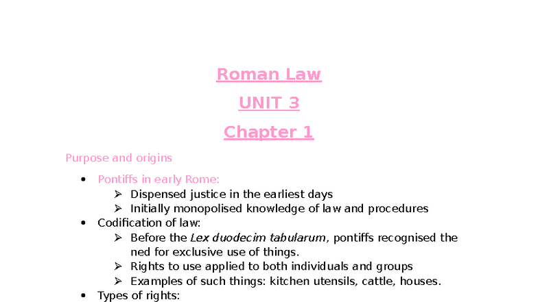 Roman Law 101: Unit 3 Chapter 1 - Purpose, Origins, and Rights - Studocu